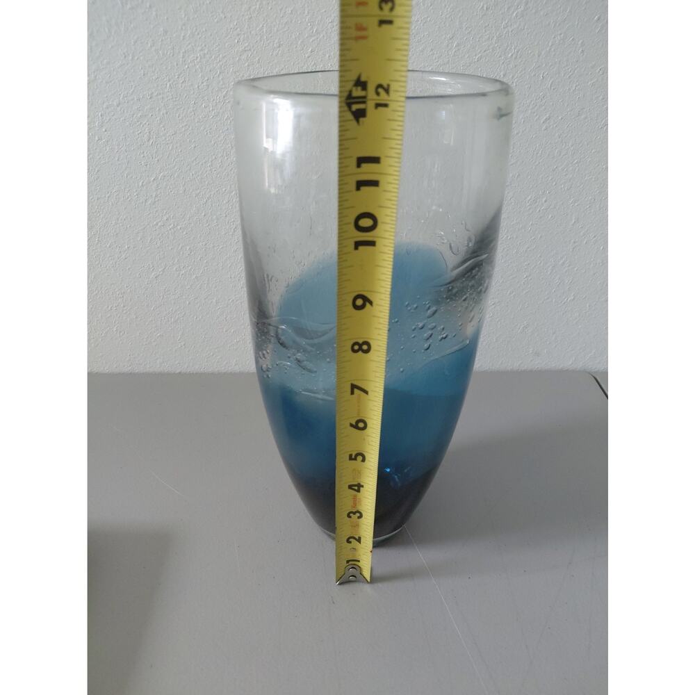 Ombre Blue Thick Glass Vase Mid Stripe Extended Bubbles Ocean Artistic Large MCM - Picture 9 of 11